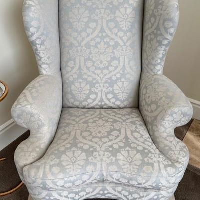  Asking:Was $1400 -- Now $1000--Tall Blue/White Toile Custom Upholstered Wing Chair - Ball & Claw Feet - 48