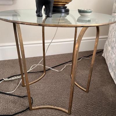 Asking: Was $400 -- Now $300--- Iron  Bronze Gilt Side Table w/Glass Top - Meridith Baer Home - 25" diameter