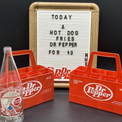 (4) Dr. Pepper: 1- Menu Board w/ Limited Letters,
Board can be used as easel or hang on the wall
Measures 14in w x 17.5in h, Dated 1984...