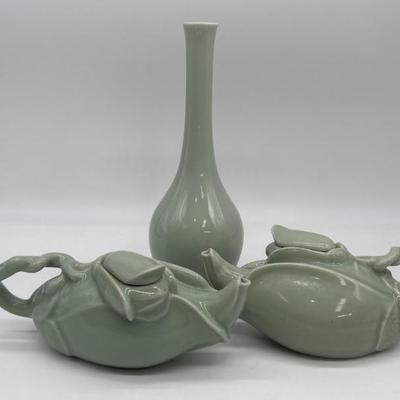 (3) Korean Celadon Pottery: 2- Lotus Teapots, +
1- Bud Vase