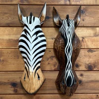 (2) Carved Wooden Animal Heads, Hand Painted
