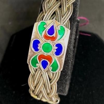 Braided Sterling Silver Bracelet with Cloisonné Accent