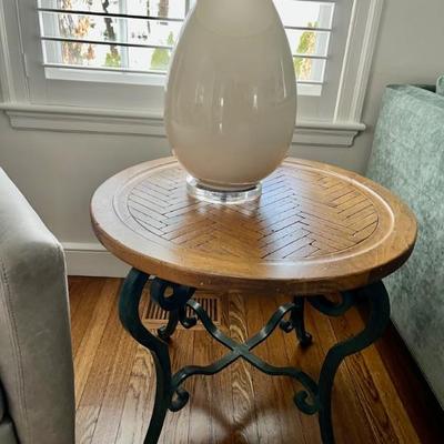 Wrought iron table base - wood top ( lamp not for sale )