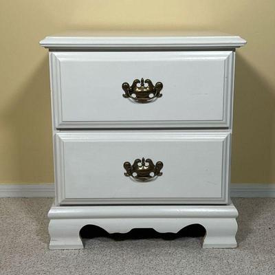 White Painted Bedside Table |    Nightstand / end table having two drawers with brass hardware
Dimensions: l. 20 x w. 16 x h. 22 in 