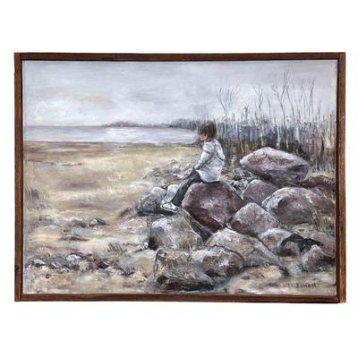 D. Barrett Oil Painting |    Oil on canvas painting showing a boy before a winter beach scene, in a driftwood frame, signed lower right...