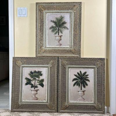 (3pc) Botanical Prints |     A set of three, showing plants in decorative urns, framed in ornately decorated high relief patterned...