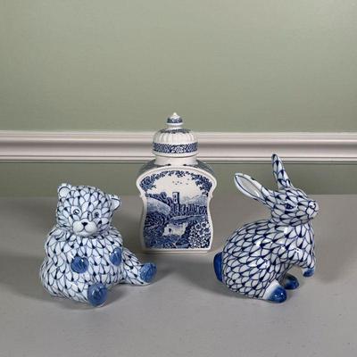 (3pc) Painted Porcelain Items |   Including a Sadler Afternoon Tea reproduction Staffordshire tea caddy, and two painted animal...