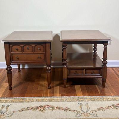 (2pc) Low Form Side Tables |    One with a single drawer and open medial shelf, the other with a large drawer
Dimensions: l. 28 x w. 20 x...