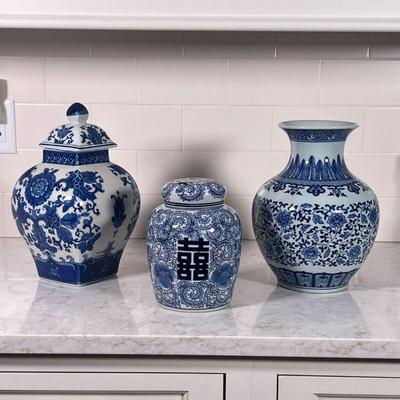 (3pc) Decorative Blue & White Vessels |    Blue and white porcelain, including a Ballard designs lobed jar, a lidded ginger jar with Shou...