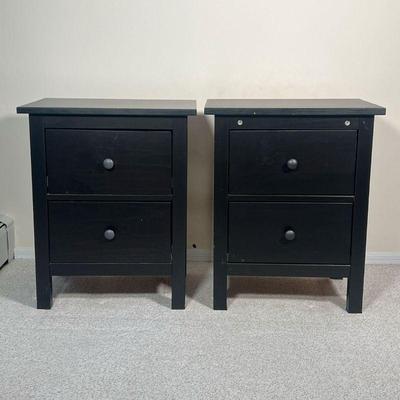 (2pc) pair Black Painted Nightstands |    Pair of bedside tables / end tables, each with two drawers
Dimensions: l. 21 x w. 15 x h. 26 in
 