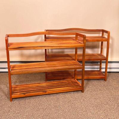 (2pc) Pair Solid Shoe Racks | Great looking! Wooden shoe racks with three shelves each
Dimensions: l. 29 x w. 10 x h. 24 in 