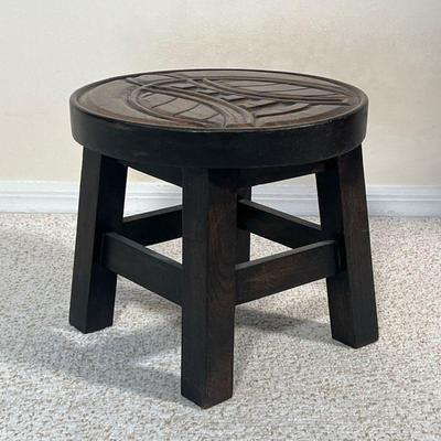 Carved Low Stool |    Carved wood round stool
Dimensions: h. 10 x dia. 12 in 