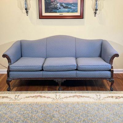 Chippendale Style Camelback Sofa |    Ball and claw feet, outset arms, blue pattern upholstery
Dimensions: l. 82 x w. 37 x h. 34 in 