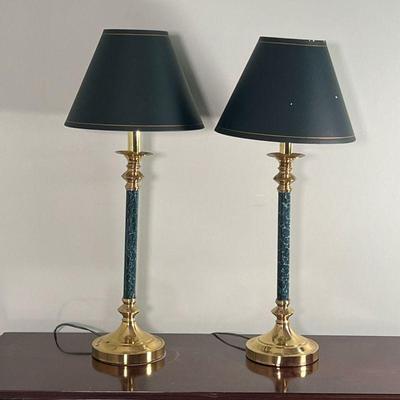 (2pc) Pair Brass Lamps |   A pair of brass table lamps with green marble / stone columns with black shades
Dimensions: l. 10â€™ 1/2â€ x...