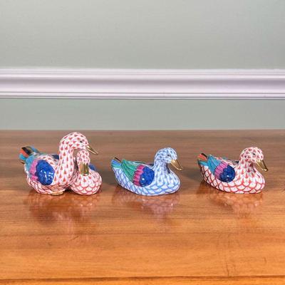 (3pc) Herend Lace Figurines |   Including a pair of ducks (4.5 in) and a red duck and a blue duck (both 3.75 in) 