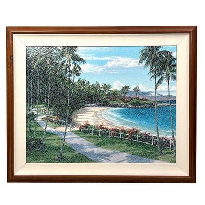Hawaiian Giclee Painting | Coastal landscape giclee print in a wooden frame, with inscription dated 2005 and Lahaina Galleries label on...