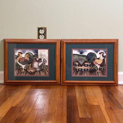 (2pc) Pair Rooster Art |    Art prints matted in wood frames, showing one rooster with a picnic basket and one with a watering can...