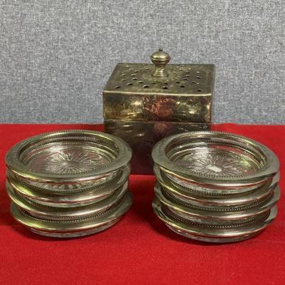 Set of 8 silver rim coasters and silver box w/lid
