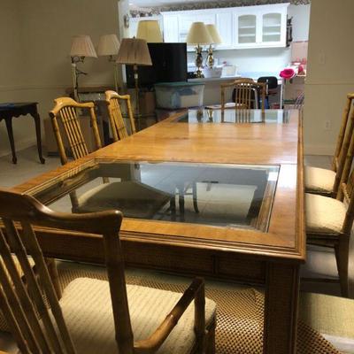 dining table with 2 leaf and glass inserts w/ 8 chairs
