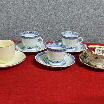 3 blue & white, WaterWorld, Red Letter Japan cup and saucers