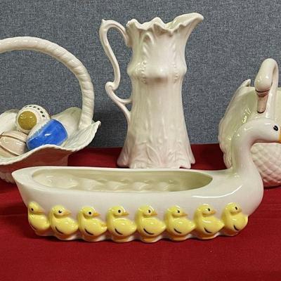 ceramic basket w/eggs, pitcher, swan and duck dish