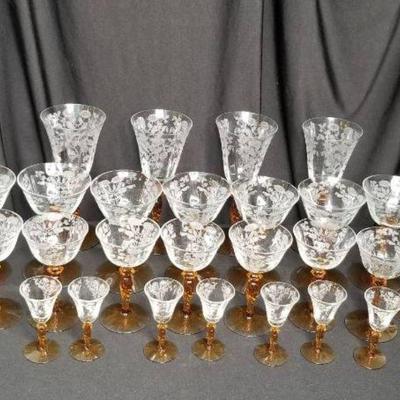 Vintage Etched Stemware With Amber Colored Stem
