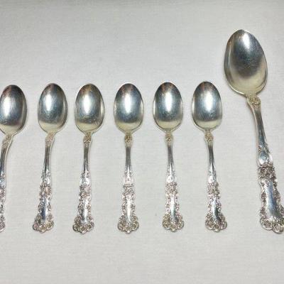Set of Gorham sterling “Buttercup” spoons, to include serving spoon and 6 teaspoons, monogrammed, 229 g, largest 8 1/2” L
