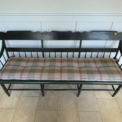 
Antique early 19th century painted 3 bay deacons bench with custom seat cushion, 75” in 24“ x 34“