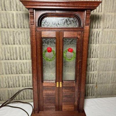 Byers Choice Ltd lighted wood and glass “Victorian Door” with Christmas wreaths, 17 3/4” T
