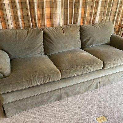 
Stickley velour loose cushion sofa with pair of accent pillows, olive green, down back cushions, 87“ x 36“ x 33“
