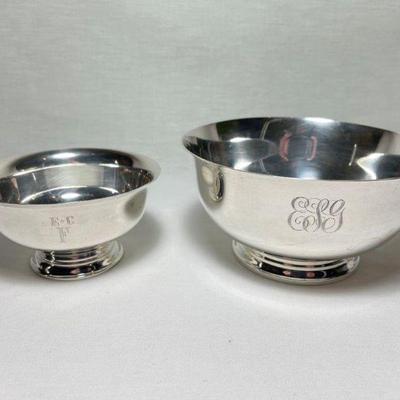 Lot of 2 sterling Revere bowls, both monogrammed, to include Exemplar “Paul Revere 1788” and S Kirk & Son, 688 g, largest 7” D