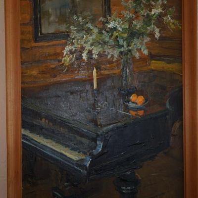 Signed painting of a baby grand and floral 