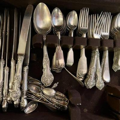 Rogers early silverplate in a very nice chased pattern and other flatware.