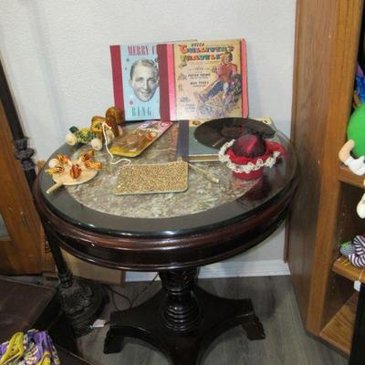 STUNNING MAHOGANY MARBLE TOP ROUND TABLE WITH GLASS TOP, 1990, RUSSIAN TOYS, & VINTAGE RECORD COLLECTION.