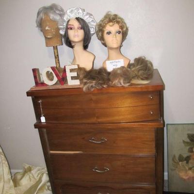 SYNTHETIC WIGS, MID-CENTURY DRESSER.