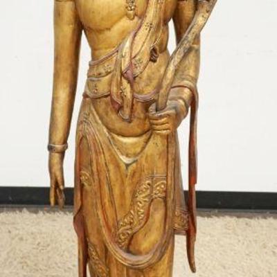 1054	LIFE SIZE CARVED ASIAN STATUE	LIFE SIZE CARVED ASIAN STATUE, APPROXIMATELY 59 IN HIGH
