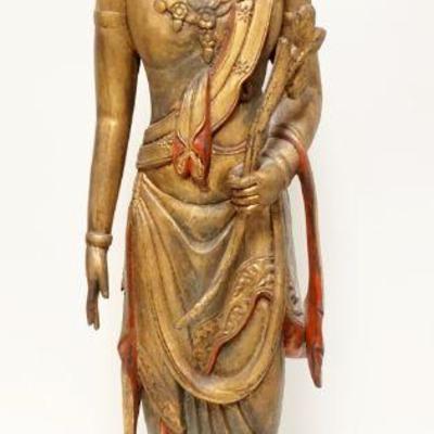 1011	LARGE CARVED WOOD ASIAN STATUE	LARGE CARVED WOOD ASIAN STATUE, APPROXIMATELY 35 IN HIGH
