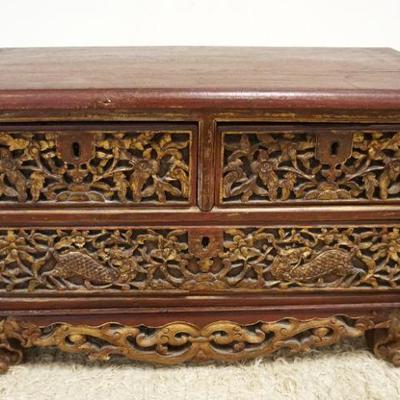 1053	ANTIQUE ASIAN ORNATE PIERCED CARVED CHEST	ANTIQUE ASIAN ORNATE PIERCED CARVED 3 DRAWER CHEST W/GILT ACCENTS & HAND CUT DOVETAIL...