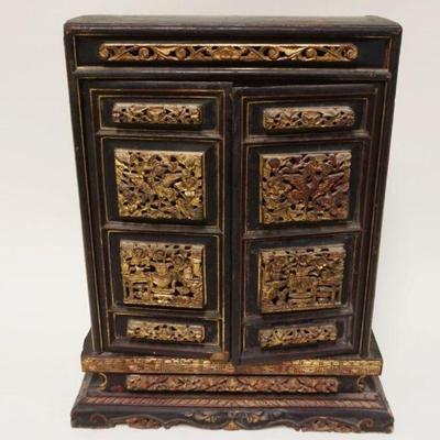 1021	ANTIQUE ASIAN CARVED 2 DOOR CABINET	ANTIQUE ASIAN CARVED & GILT DECORATED WOOD 2 DOOR TABLE TOP CABINET W/DOVETAILED CASE,...
