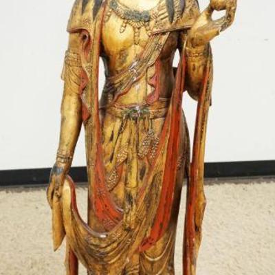 1055	LIFE SIZE CARVED ASIAN STATUE	LIFE SIZE CARVED ASIAN STATUE, APPROXIMATELY 59 IN HIGH, SOME PAINT & GILT LOSS & ONE MISSING FINGER
