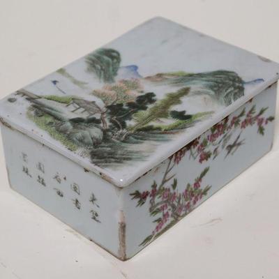 1023	ASIAN CHINA COVERED BOX	ASIAN CHINA COVERED BOX W/SCENE & CHARACTER MARKS, APPROXIMATELY 4 IN X 5 1/2 IN X 2 1/4 IN HIGH
