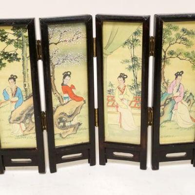 1277	MINIATURE ASIAN DOUBLE SIDED SCREEN W/HAND PAINTED SCENES ON CLOTH UNDER GLASS, APPROXIMATELY 6 1/4 IN HIGH X 13 IN EXTENDED
