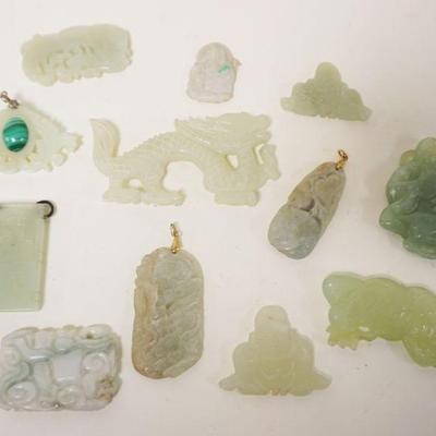 1244	12 PIECES OF ASSORTED JADE CARVED ITEMS, LARGEST APPROXIMATELY 3 1/4 IN X 2 IN
