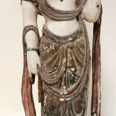 1151	ANTIQUE CARVED WOOD POLYCHROME ASIAN FIGURE	ANTIQUE CARVED WOOD POLYCHROME ASIAN FIGURE, APPROXIMATELY 24 IN
