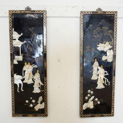 1195	PAIR OF BLACK LACQUERED ASIAN PANELS	PAIR OF BLACK LACQUERED ASIAN PANELS W/CARVED MOTHER OF PEARL APPLIED, EACH APPROXIMATELY 12 IN...