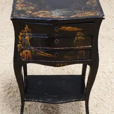 1078	BLACK LACQUERED PAINT DECORATED STAND	BLACK LACQUERED PAINT DECORATED ALL ROUND 3 DRAWER STAND, APPROXIMATELY 17 IN X 12 IN X 29 IN
