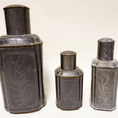 1158	SET OF 3 PEWTER TEA CADDIES	SET OF 3 PEWTER TEA CADDIES, LARGEST APPROXIMATELY 15 IN HIGH

