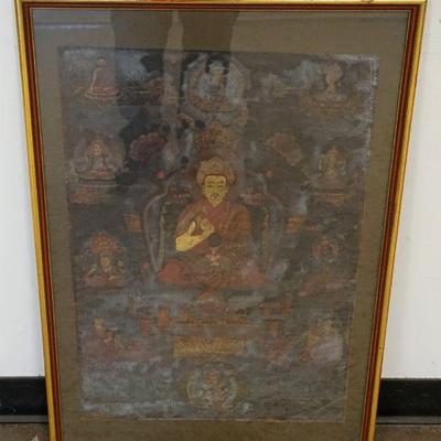 1285	ANTIQUE ASIAN PAINTING ON CLOTH IN FRAME UNDER GLASS, APPROXIMATELY 22 IN X 32 IN OVERALL
