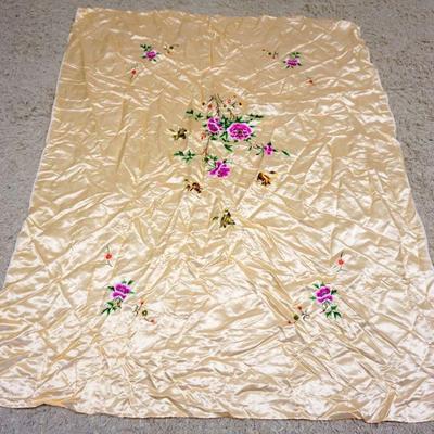 1294	ASIAN EMBROIDERED SILK TABLE CLOTH W/FLOWERS & BIRDS, APPROXIMATELY 55 IN X 70 IN
