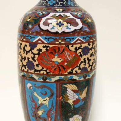 1163	LARGE CLOISONNE VASE	LARGE CLOISONNE VASE, HOLE DRILLED ON BOTTOM, APPROXIMATELY 18 IN  HIGH
